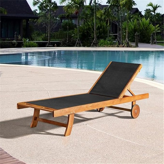 Caspian Adjustable 5-Position Eucalyptus Wood Outdoor Chaise Lounge Chair with Durable Mesh Seating, Patio Furniture