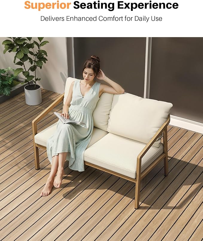 Teak Outdoor Patio Loveseat, Never-Rust Aluminum Outdoor Loveseat Couch with Thick Cushions, Modern 2-Seater Patio Sofa Bench, Outdoor Sofa Loveseat Furniture for Deck, Poolside | Never-Rust, Wood-Grain Texture, Wraparound Design, Removable Cushions