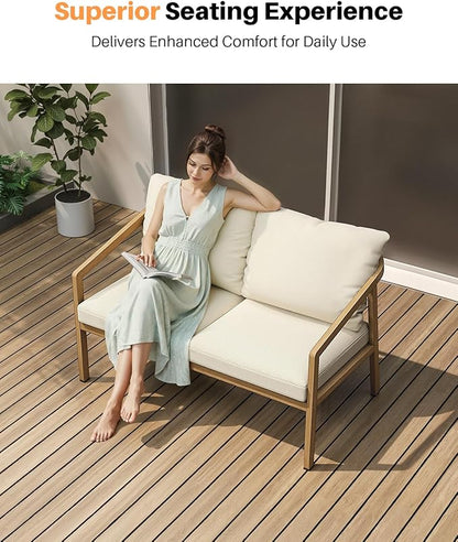 Teak Outdoor Patio Loveseat, Never-Rust Aluminum Outdoor Loveseat Couch with Thick Cushions, Modern 2-Seater Patio Sofa Bench, Outdoor Sofa Loveseat Furniture for Deck, Poolside | Never-Rust, Wood-Grain Texture, Wraparound Design, Removable Cushions
