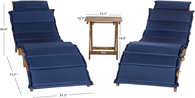 SAFAVIEH Outdoor Collection Pacifica Natural Brown Solid Wood/Navy Cushion 3-Piece Chaise Lounge Set with Table (PAT7020C)
