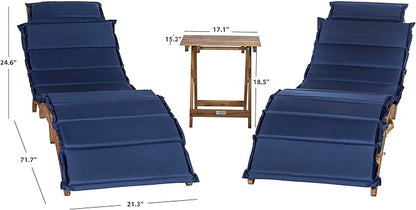 SAFAVIEH Outdoor Collection Pacifica Natural Brown Solid Wood/Navy Cushion 3-Piece Chaise Lounge Set with Table (PAT7020C)