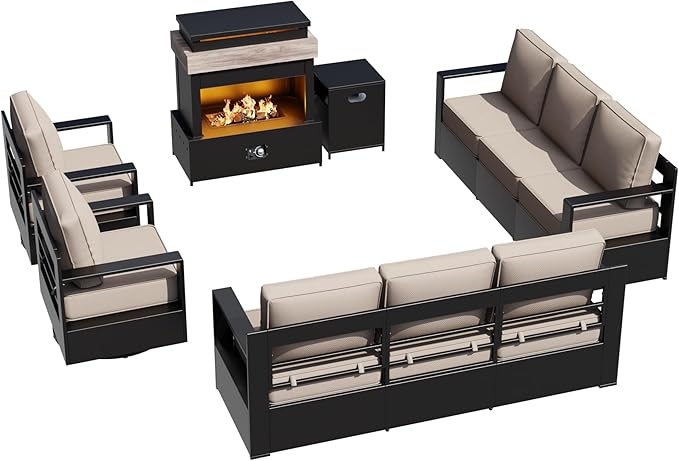 Outdoor Aluminum Furniture Set, 5-Piece Patio Conversation Set, 2 Swivel Chairs, 2 Sofa and 1 Fireplace, All-Weather Metal Frame, 6" Thick Removable Cushions, Deep Setting for Garden and Porch