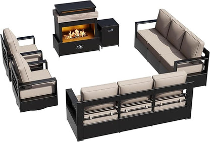 Outdoor Aluminum Furniture Set, 5-Piece Patio Conversation Set, 2 Swivel Chairs, 2 Sofa and 1 Fireplace, All-Weather Metal Frame, 6" Thick Removable Cushions, Deep Setting for Garden and Porch