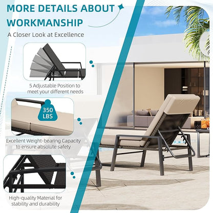 AECOJOY Chaise Lounge Chairs for Outdoor, Lounge Chairs Set of 2, Adjustable PE Rattan Wicker Patio Pool Lounge Chair with Cushion and Wheels for Backyard Deck Porch Garden, Brown Rattan&Khaki Cushion