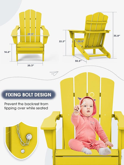 KINGYES Folding Adirondack Chair, HDPE All-Weather Patio Chairs, Wooden Textured Lawn Chair for Poolside, Backyard, Deck, Fire Pit, Yellow
