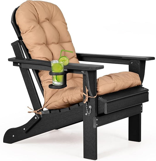 nalone Folding Adirondack Chair with Cushion with Cup Holder, HDPE Plastic Oversized Patio Chair Weather Resistant, Used in Outdoor, Fire Pit, Deck, Garden, Campfire Chairs (Black)