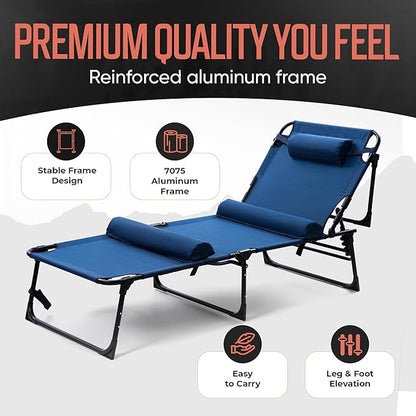Outdoor Lounge Chair | Extra Large Portable cot incl Leg Raising adjustability | Easy Setup & Takedown | Supports Adults up to 300 lb | Ideal for Camping Patio, Balcony, Beach & More