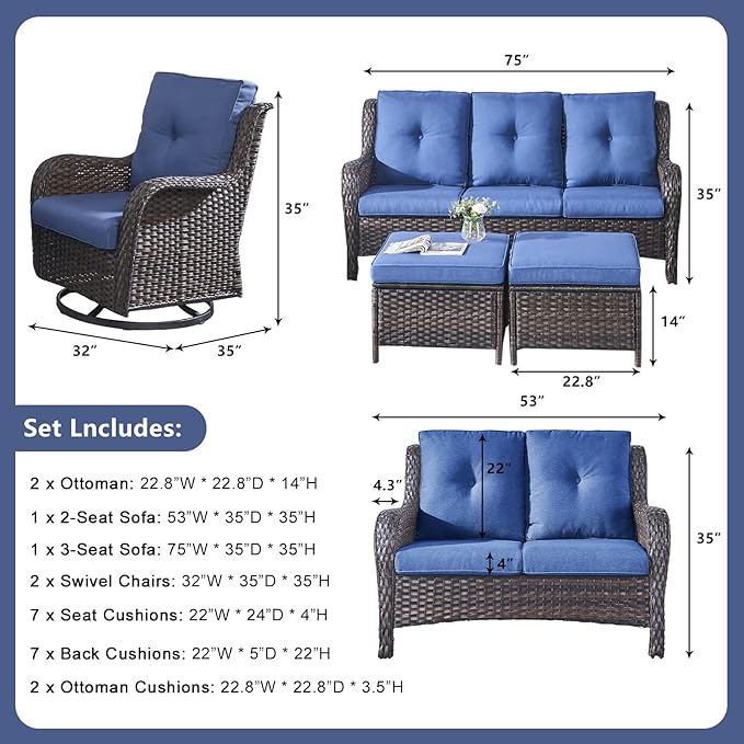 Rilyson Wicker Patio Furniture Set - 6 PC Rattan Outdoor Sectional Conversation Sets with 2 Rocking Swivel Chairs - Photo 5