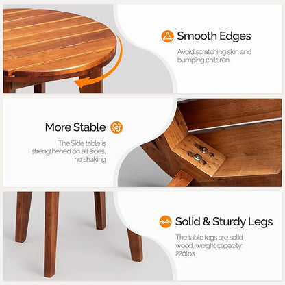 VINGLI Solid Wood Outdoor Side Table, Weather-Resistant Round Patio End Accent Table for Garden, Balcony, Porch, Natural