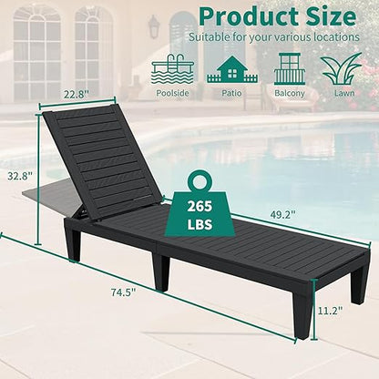 YITAHOME Patio Lounge Chair Set of 2, Outdoor Chaise Lounge with 5-Position Backrest, 265lbs Weight Capacity for Backyard, Poolside, Waterproof & Easy Assembly (Black)