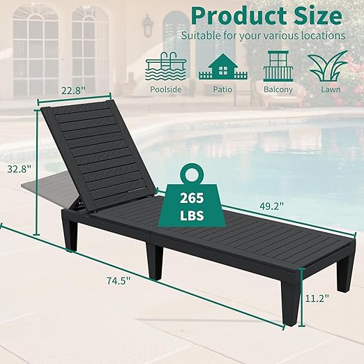 YITAHOME Patio Lounge Chair Set of 2, Outdoor Chaise Lounge with 5-Position Backrest, 265lbs Weight Capacity for Backyard, Poolside, Waterproof & Easy Assembly (Black)