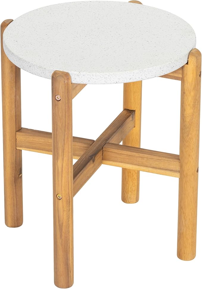 Christopher Knight Home Seeley Patio Acacia Wood Coffee Table, Indoor/Outdoor Table for Garden/Backyard/Poolside/Balcony Cafeteria, Lightweight Concrete Round Top Outdoor Side Table, Milky White+Teak