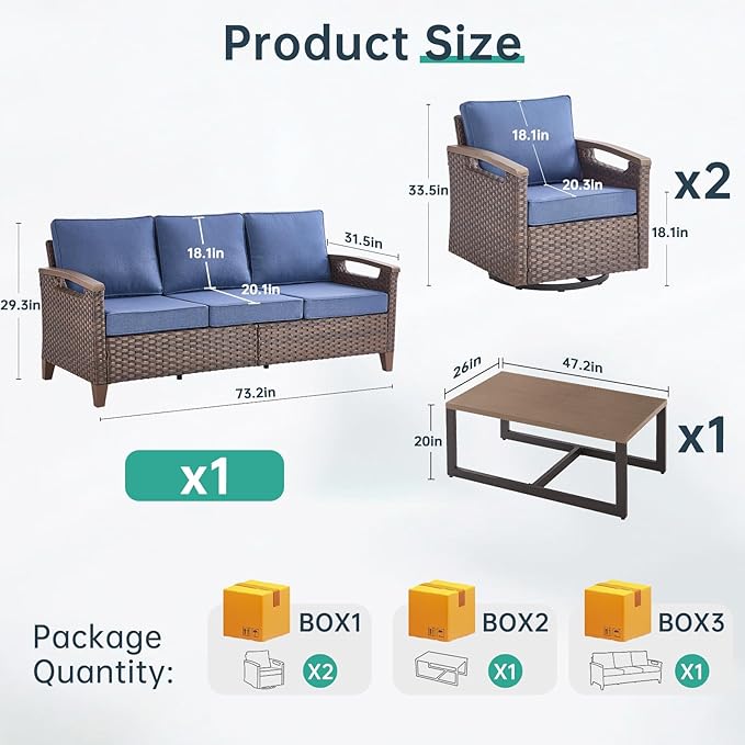 Luxury 4 Piece Heavy Duty Patio Furniture Set with Swivel Chairs - All Weather Wicker Comfort Thick Cushion Outdoor Conversation Set with Sofa & Coffee Table for Porch Poolside Deck - Blue