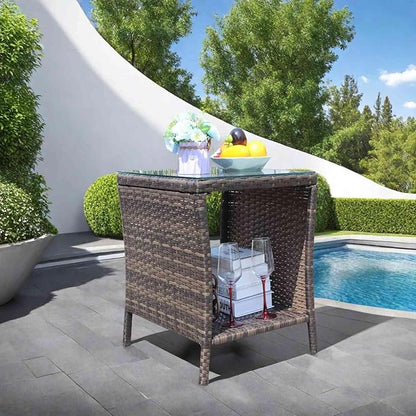 Rattan Side Table with Glass Top, Outdoor Wicker End Table for Patio, Porch, Garden, 19.25" Square, 21" Tall, 120 Lbs Capacity, Weather-Resistant PE Rattan, Easy Assembly