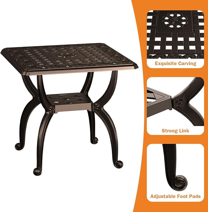 Square Outdoor Coffee Table Set of 2, Cast Aluminum Side Table with Storage,Indoor End Table, All-Weather Bistro Table for Patio Garden Lawn, Bronze