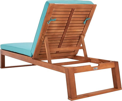 SAFAVIEH Outdoor Collection Solano Natural Brown Solid Wood/Aqua Blue Cushion Patio Adjustable Chaise Lounge Chair (PAT7024Q)