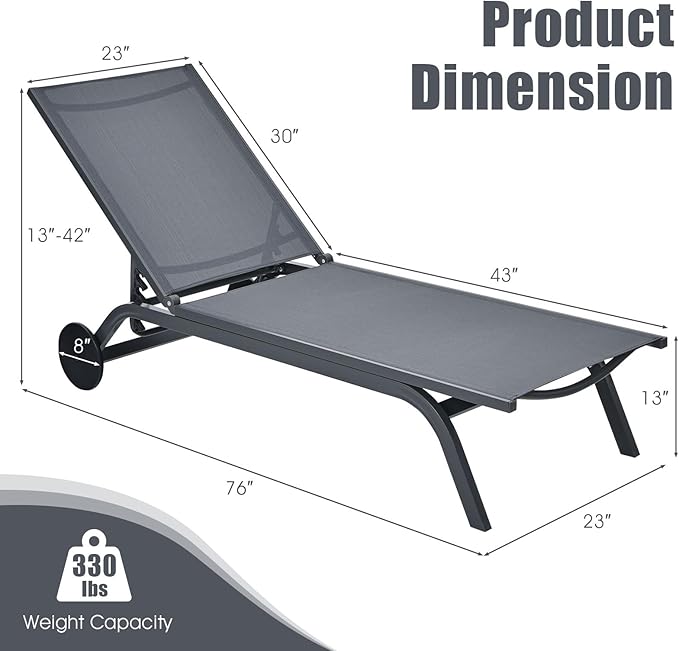 Tangkula Outdoor Aluminum Chaise Lounge, Patio Lounge Recliner Chair w/6 Adjustable Backrest, Reclining Chaise Chair with Wheels for Beach, Yard, Balcony, Poolside (1, Gray)