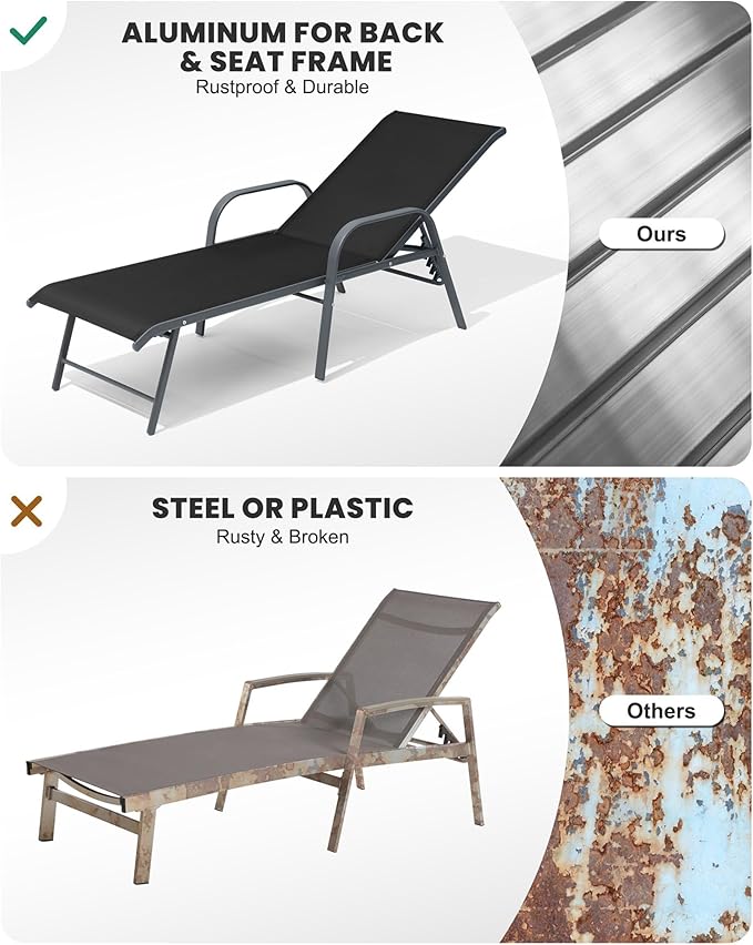 Crestlive Products Chaise Lounge Chair Outdoor with Armrests, Pool Lounge Chairs Set of 2, Aluminum Adjustable 5 Positions Sun Tanning Lounger for Patio, Poolside, Yard, Deck, Backyard (Black)