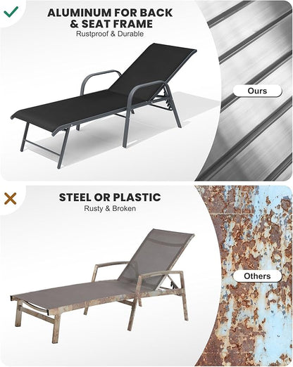 Crestlive Products Chaise Lounge Chair Outdoor with Armrests, Pool Lounge Chairs Set of 2, Aluminum Adjustable 5 Positions Sun Tanning Lounger for Patio, Poolside, Yard, Deck, Backyard (Black)