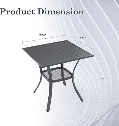 Outdoor Dining Table with Storage Shelf, 27.5" All-Weather Square Patio Dining Table for 2, Metal Patio Table for Garden Lawn Porch Deck Yard, Dark Grey