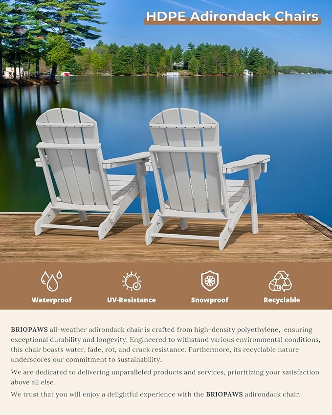 BRIOPAWS Folding-Adirondack-Chair | HDPE | Fire Pit Chairs | Cup Holder | Weather Resistance | White | for Outdoor Backyard Deck Patio