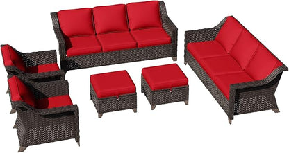 6 Pieces Patio Conversation Furniture Set - 2 Sofas, 2 Armchairs, 2 Ottomans, Outdoor Wicker Furniture with Removable Cushions for Porch, Balcony, Sunroom (Red)