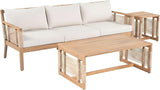 Merax Outdoor Patio Acacia Wood 3-Seater Sofa Set with 2 Coffee Tables with Beige Cushions, Hand Woven Rope Design - Photo 4