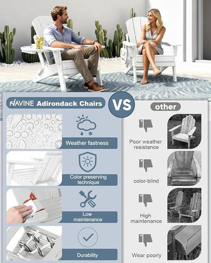 Adjustable Adirondack Chair Set of 4 with Cup Holder, All Weather HDPE Fire Pit Chairs for Deck, Backyard, Patio, White