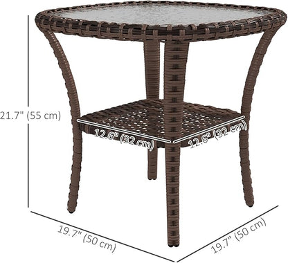 Outsunny Rattan Coffee Table with Storage Shelf, Wicker Side Table with Glass Top, Outdoor End Table for Garden, Porch, Backyard, Mix Brown