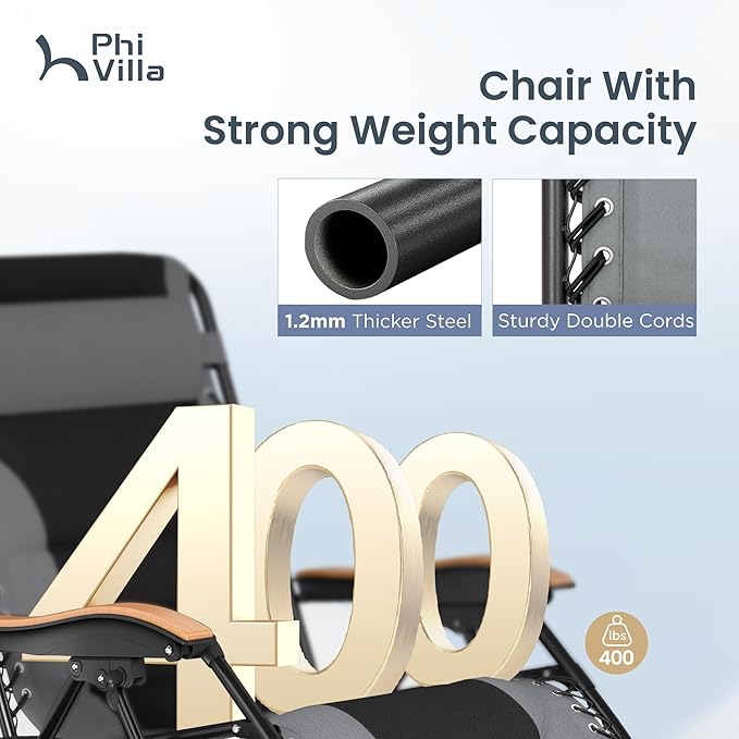 PHI VILLA XXL Oversized Padded Zero Gravity Chair Set of 2, Foldable Patio Recliner, 30" Wide Seat Anti Gravity Lounger with Armrest and Cup Holder, Support 400 LBS (Grey)