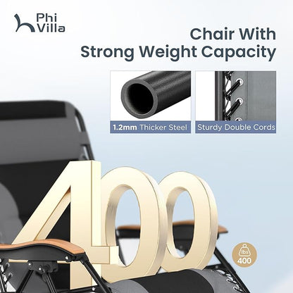 PHI VILLA XXL Oversized Padded Zero Gravity Chair Set of 2, Foldable Patio Recliner, 30" Wide Seat Anti Gravity Lounger with Armrest and Cup Holder, Support 400 LBS (Grey)