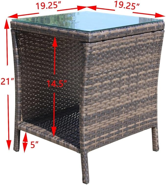 Rattan Side Table with Glass Top, Outdoor Wicker End Table for Patio, Porch, Garden, 19.25" Square, 21" Tall, 120 Lbs Capacity, Weather-Resistant PE Rattan, Easy Assembly