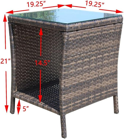 Rattan Side Table with Glass Top, Outdoor Wicker End Table for Patio, Porch, Garden, 19.25" Square, 21" Tall, 120 Lbs Capacity, Weather-Resistant PE Rattan, Easy Assembly