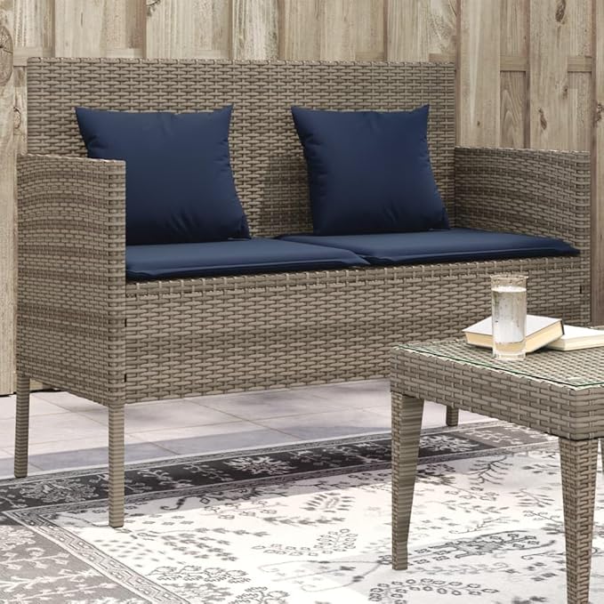 Garden Bench Deck Bench Patio Bench with Cushions Gray Poly Rattan