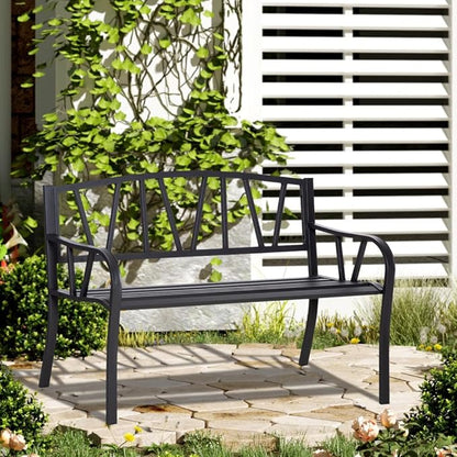 Metal Garden Bench for Outdoor Patios and Lawns, 50 Inch Park-Style Seating with Slatted Backrest and Smooth Armrests