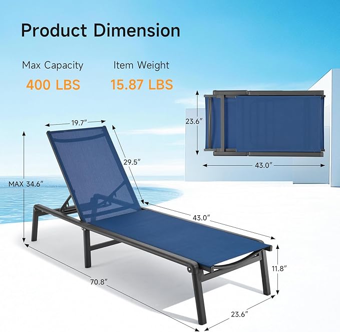 Aluminum Chaise Lounge Chair Outdoor, Foldable & Assembly Free Outdoor Lounge Chair with 5 Position Adjustable Backrest - Photo 3