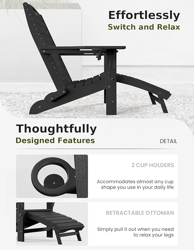 Ciokea Folding Adirondack Chair with Retractable Ottoman, HDPE Fire Pit Chairs with Pull Out Footrest, All Weather Resistant Outdoor Patio Chair with 2 Cup Holders for Lawn, Garden, Backyard (Black)