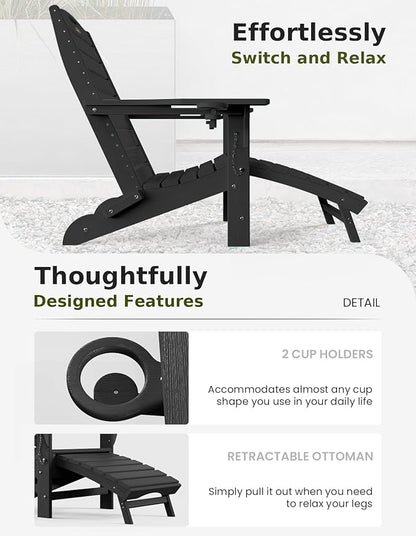 Ciokea Folding Adirondack Chair with Retractable Ottoman, HDPE Fire Pit Chairs with Pull Out Footrest, All Weather Resistant Outdoor Patio Chair with 2 Cup Holders for Lawn, Garden, Backyard (Black)