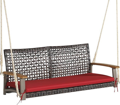 RELAX4LIFE 2-Seater Outdoor Porch Swing - PE Wicker Porch Loveseat Swing with 118” Hanging Ropes, Comfortable Cushion & Acacia Wood Armrests, Hanging Swing Bench for Porch, Garden, Yard (Red)