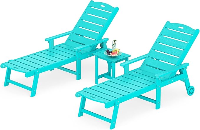 LUE BONA Chaise Lounge Chairs Set with Table, 3-Piece, 79'' Oversized HDPS Chaise Lounger - Photo 1