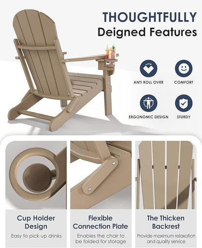 Folding Adirondack Chairs, All-Weather Resistant HDPE Patio Firepit Chairs, Sturdy Outside Chairs with Cup Holder, Lawn Chairs, 80% Pre-Installed Load Capacity 385lb, Weathered Wood