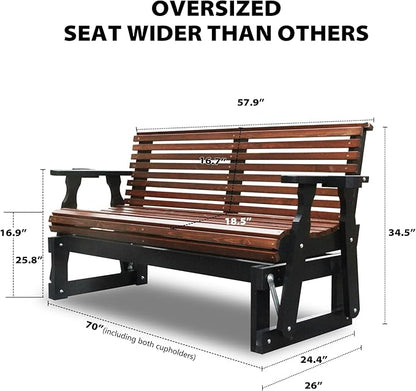 3-Seater Outdoor Glider Chair, 5FT Wood Porch Glider with High Roll Back, Cupholders and Deep Contoured for Porch, Garden, Dark Brown and Dark Grey
