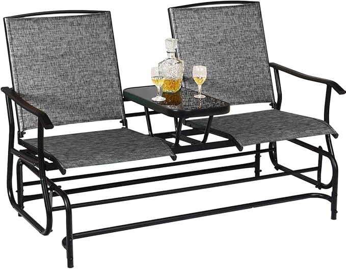 Giantex Patio Bench Glider Chair with Metal Frame, Center Tempered Glass Table, Outside Double Rocking Swing Loveseat for Porch, Garden, Poolside, Balcony, Lawn Rocker Outdoor Glider Bench(Gray)
