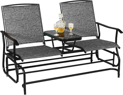 Giantex Patio Bench Glider Chair with Metal Frame, Center Tempered Glass Table, Outside Double Rocking Swing Loveseat for Porch, Garden, Poolside, Balcony, Lawn Rocker Outdoor Glider Bench(Gray)
