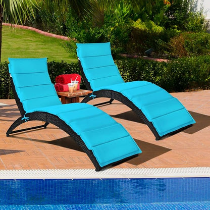 COSTWAY 2PCS Folding Rattan Lounge Chair Outdoor, Patio Wicker Chaise Lounge with Soft Cushion, Ergonomic Support Shaped, Portable Pool Lounge Chairs Set of 2 for Sunbathing, Beach (Turquoise)