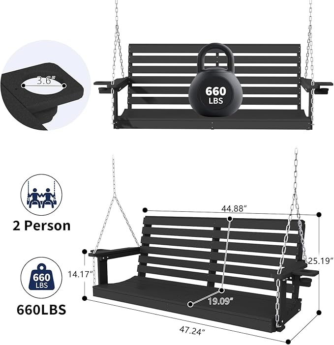 Plawdlik Porch Swings,2 Seat Patio Chair with Two Cup Holders,HDPE Waterproof Bench for Courtyard-Black - Photo 4