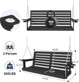 Plawdlik Porch Swings,2 Seat Patio Chair with Two Cup Holders,HDPE Waterproof Bench for Courtyard-Black - Photo 4