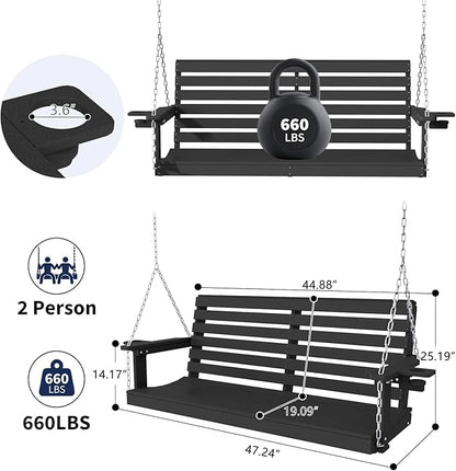 Plawdlik Porch Swings,2 Seat Patio Chair with Two Cup Holders,HDPE Waterproof Bench for Courtyard-Black