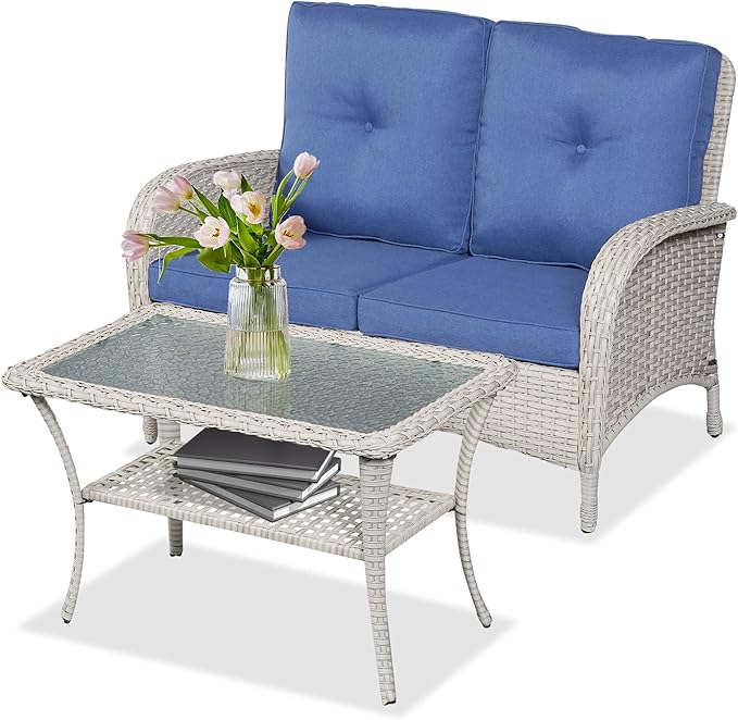 Belord Outdoor Wicker Loveseat with Coffee Table - Photo 1
