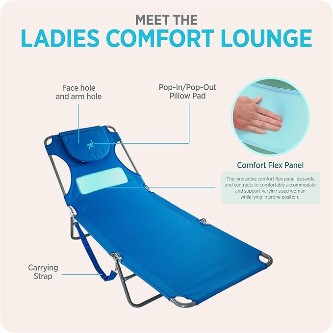 Ostrich the Ladies Comfort Lounger with Chest Support, Foldable and Portable Reclining Outdoor Patio Beach Lawn Camping Pool Tanning Chair, Ocean Blue